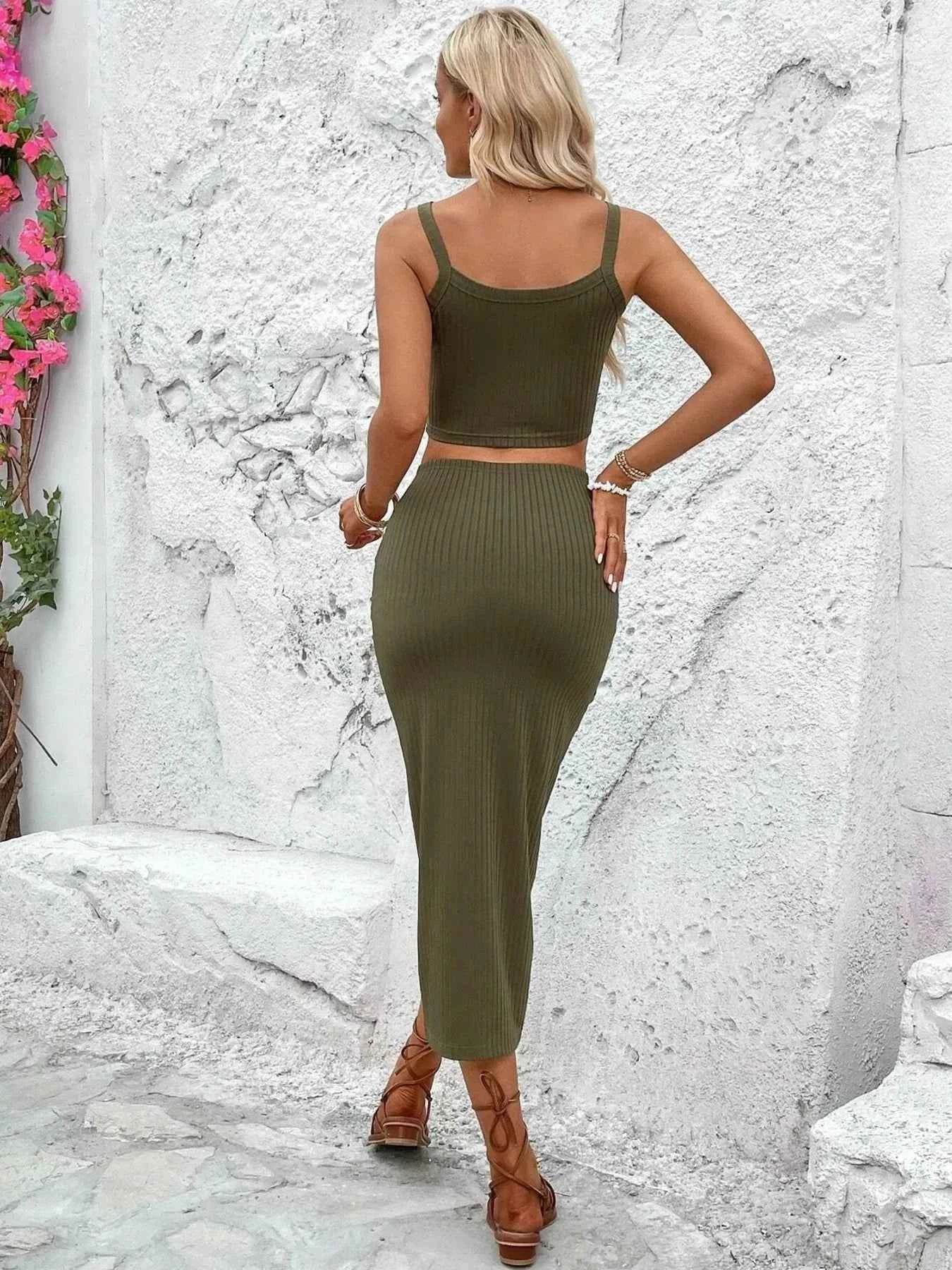 Ribbed Knit Crop Top & Tie-Front Slit Skirt Set - EBYNN