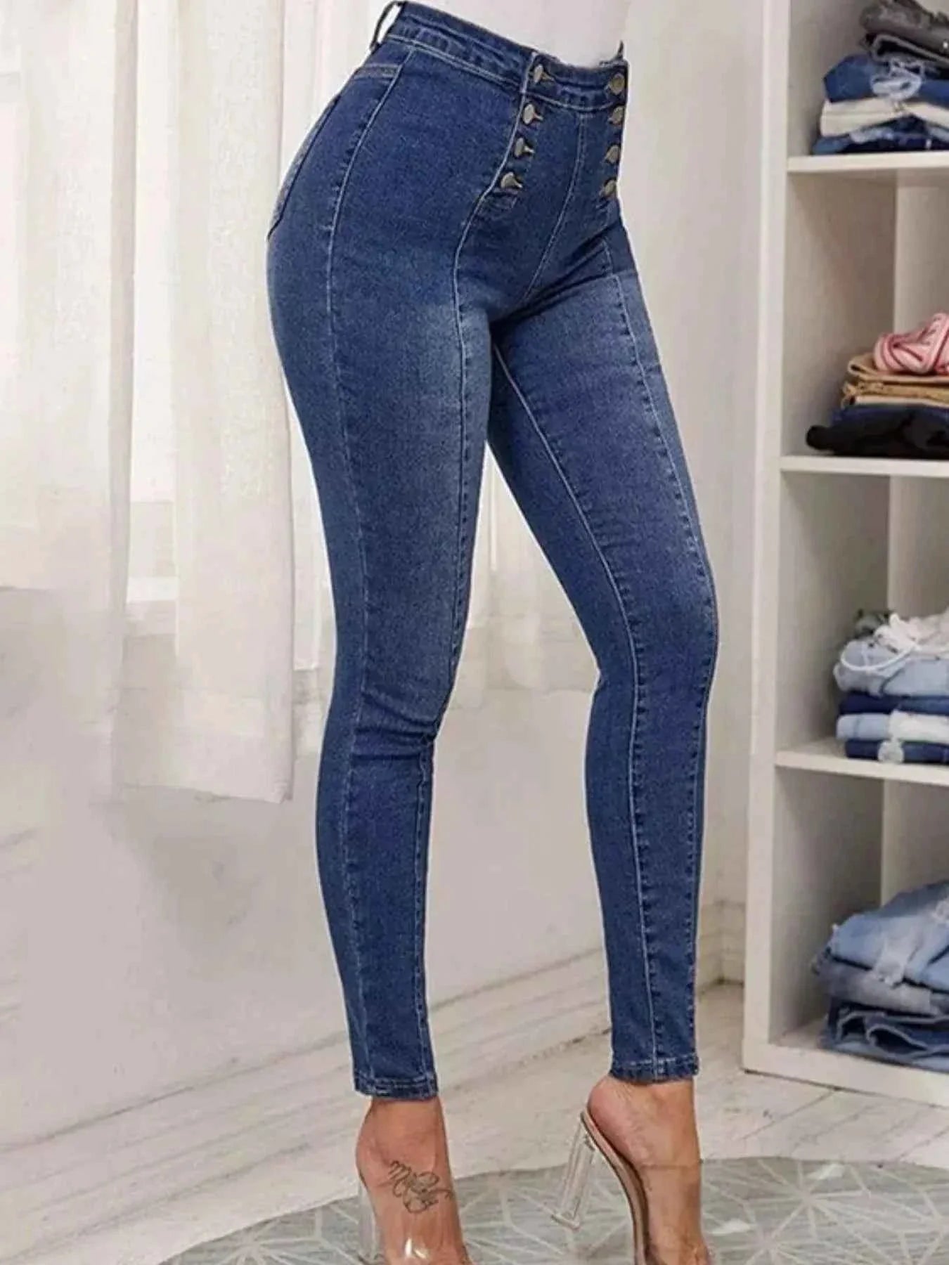 Full Size High-Waisted Double-Breasted Skinny Jeans Plus Size.