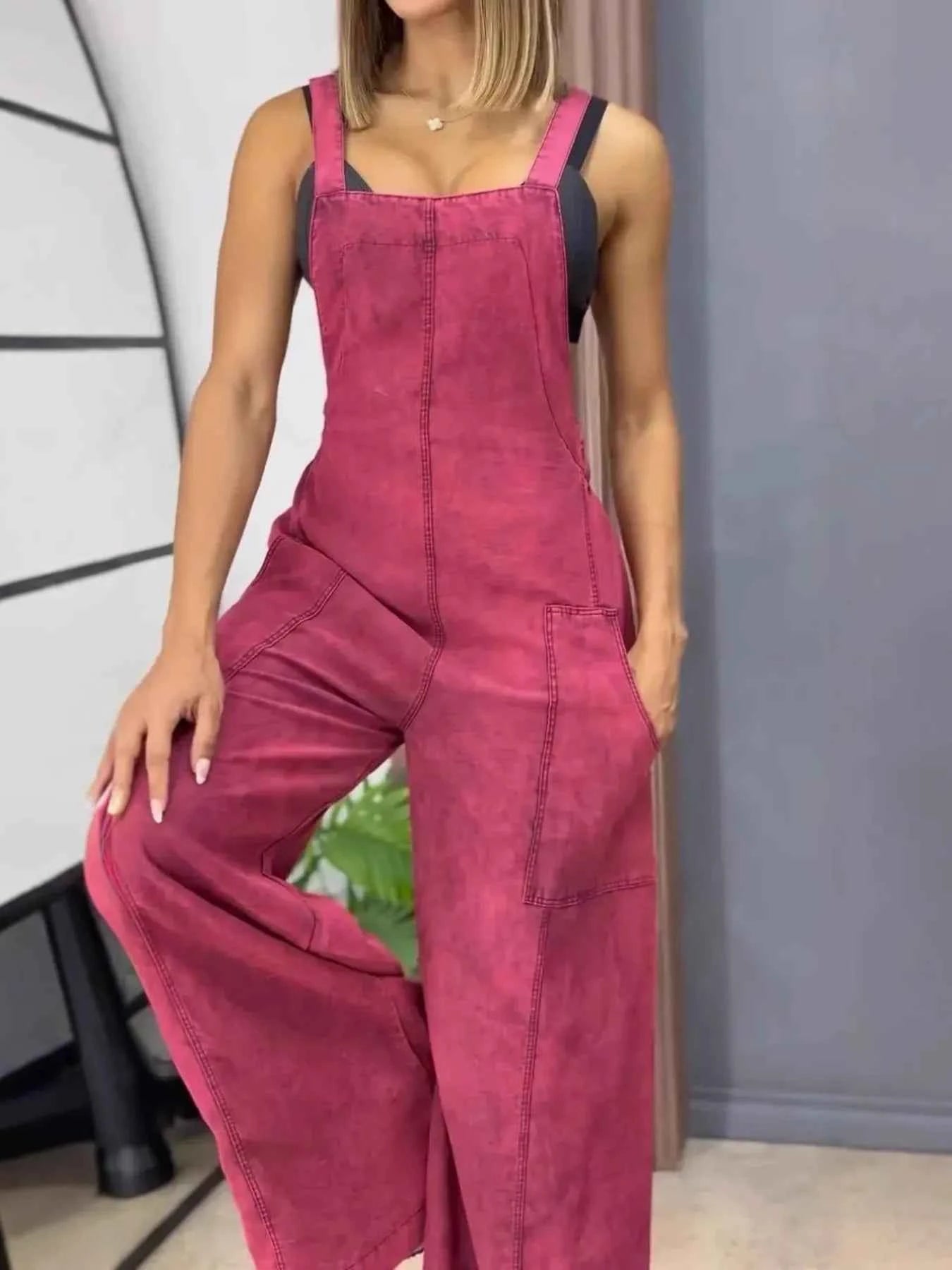 Plus Size Wide Leg Washed Denim Overalls.