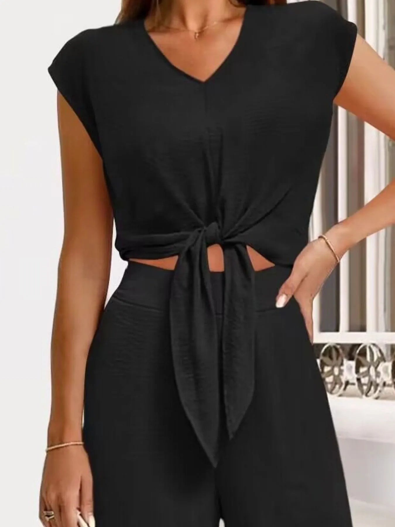 Tie Front Top & Wide Leg Pants Set.