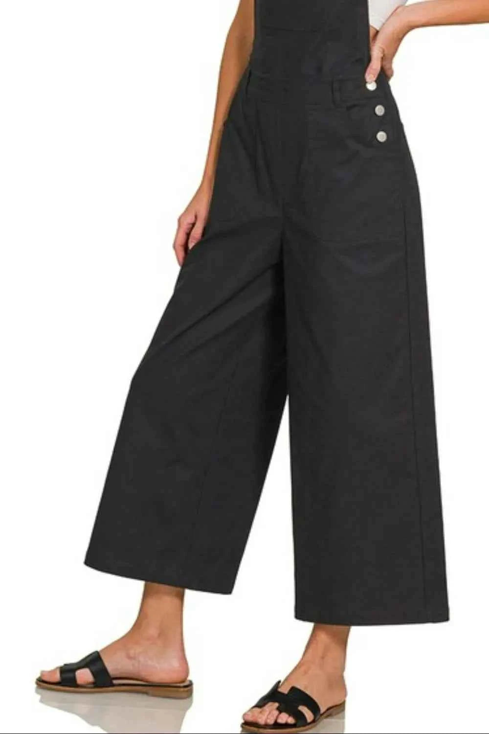 Zenana Woven Spaghetti Strap Overalls.