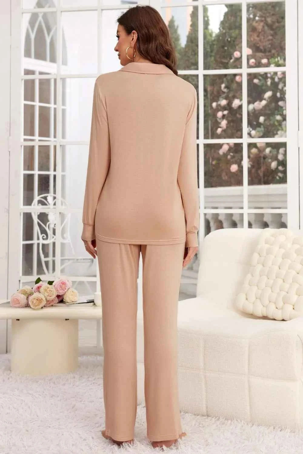 Button Up Long Sleeve Top & Pants Lounge Set.