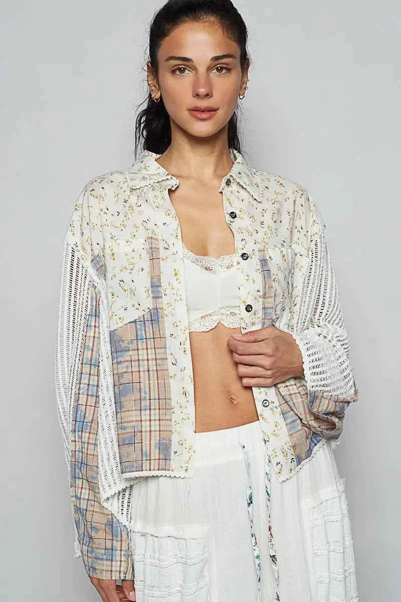 POL Floral Slit Back Plaid Patchwork Shirt.