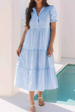 Stripe Bubble Short Sleeve Tiered Scallop Midi Dress.