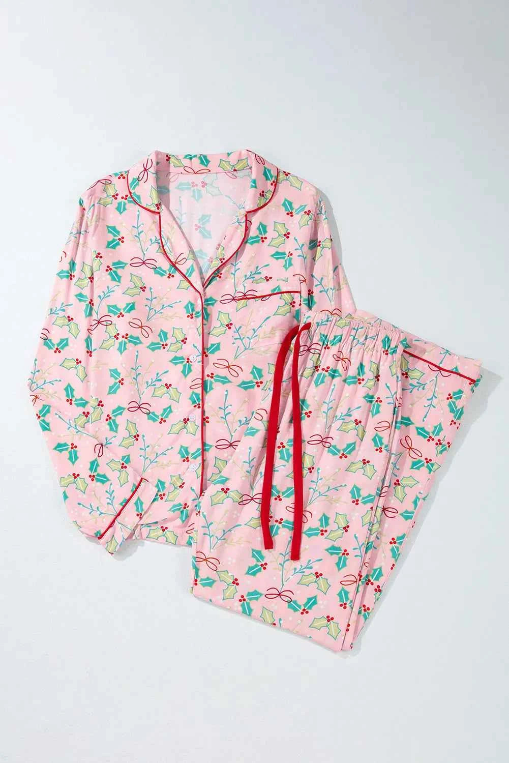 Printed Collared Neck Long Sleeve Top and Pants Lounge Set.