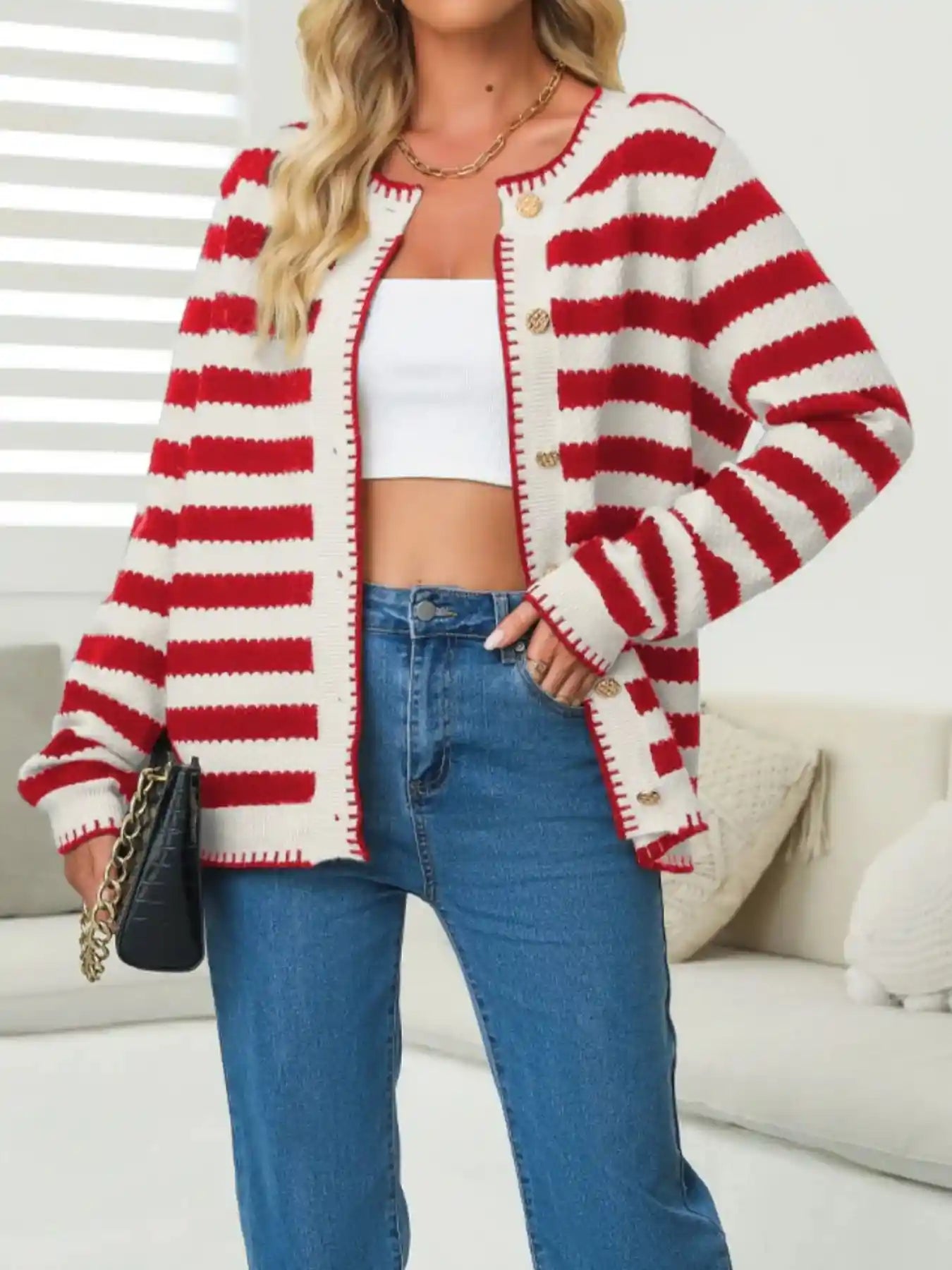 Button Down Striped Long Sleeve Cardigan.
