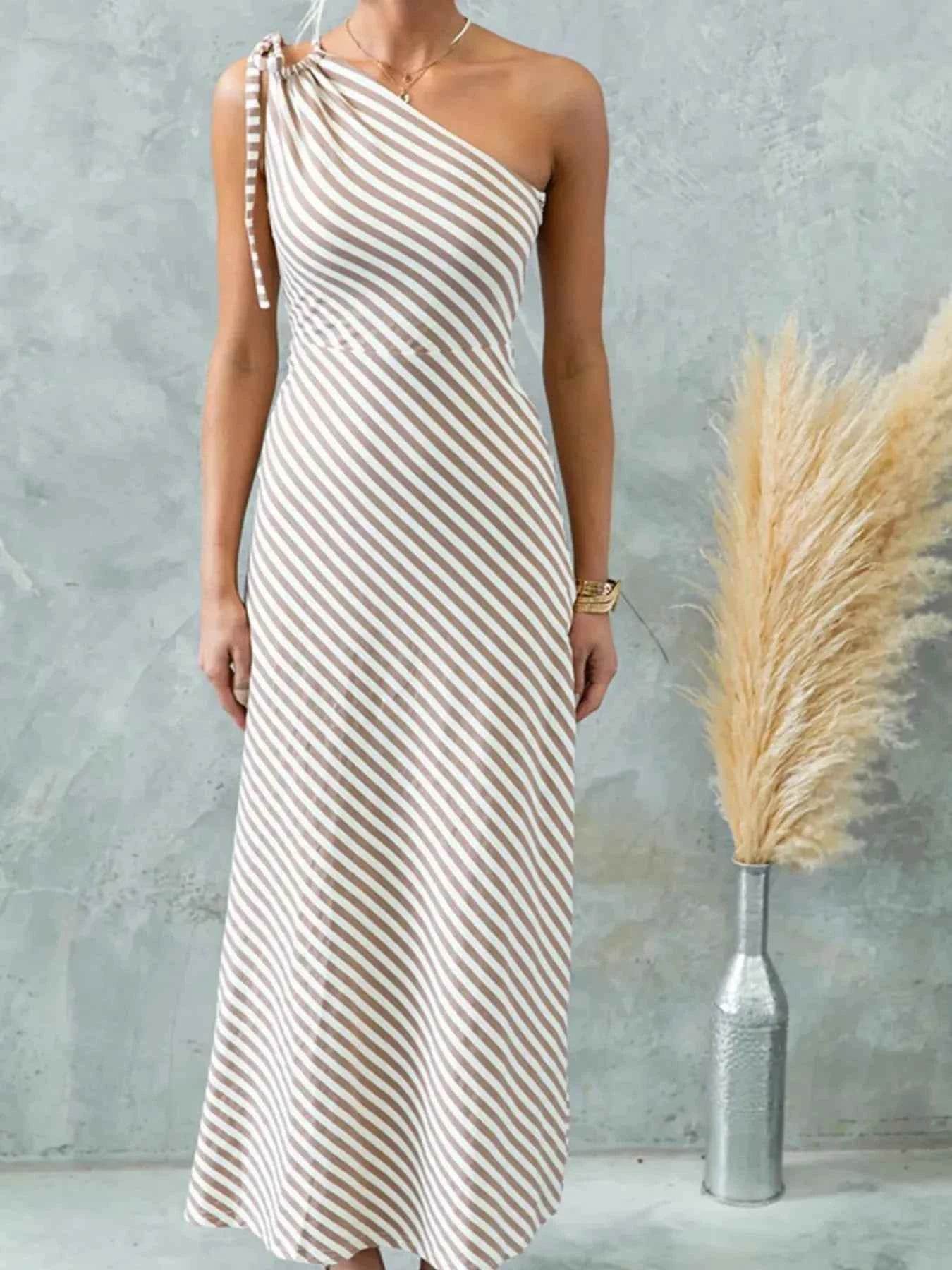 One Shoulder Striped Maxi Dress.