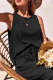 Waffle-Knit Round Neck Tank and Pants Set - EBYNN