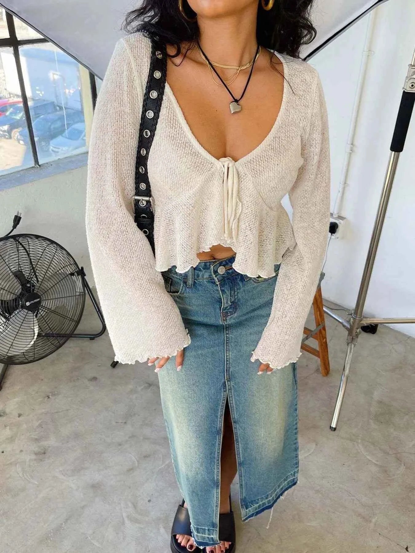 Ruffled Hem Tie-Front Cropped Cardigan.