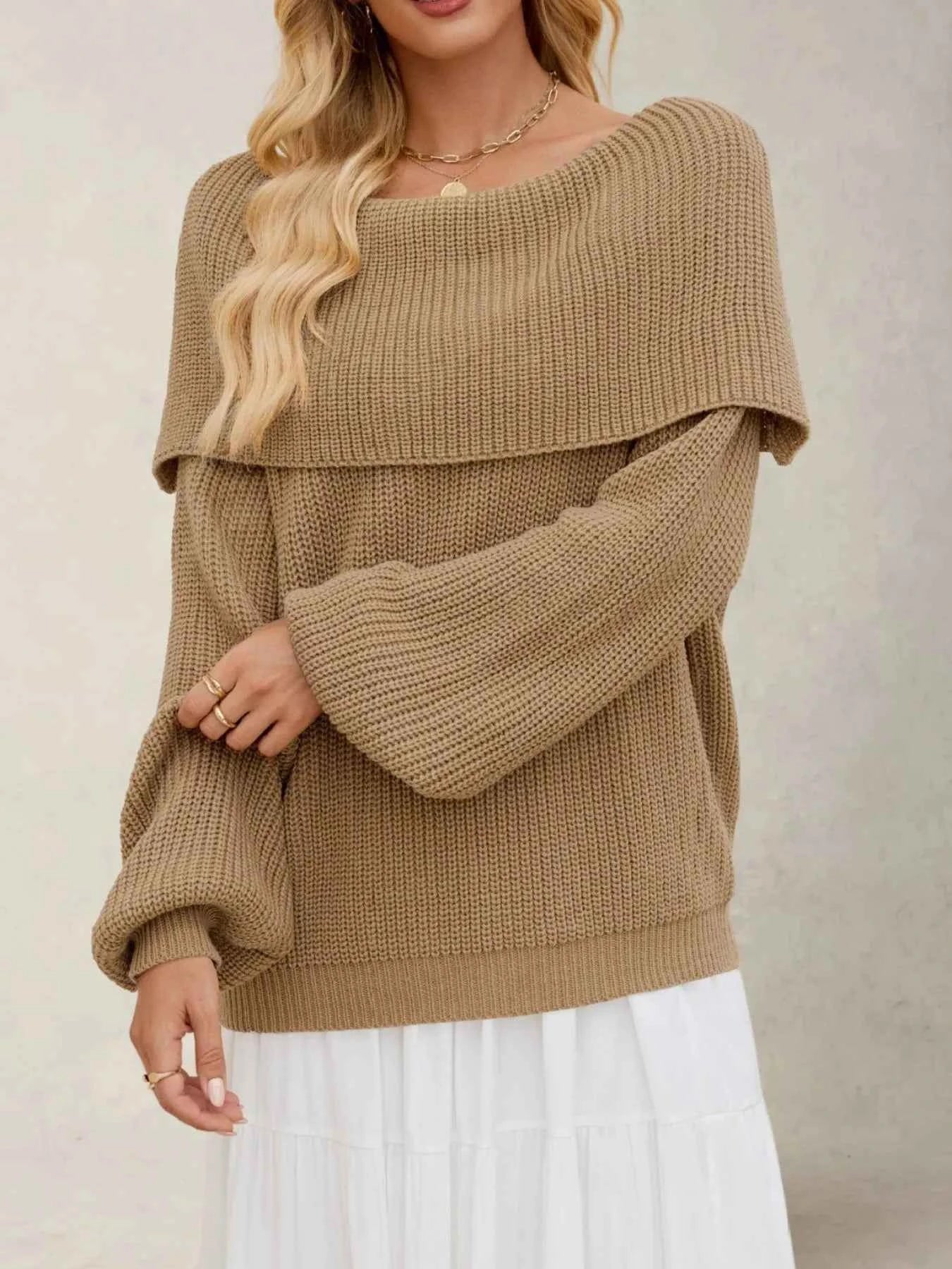 Fold-Over Collar Long Sleeve Sweater.