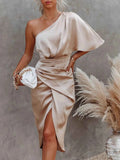 One-Shoulder Satin Wrap Dress with Side Slit.
