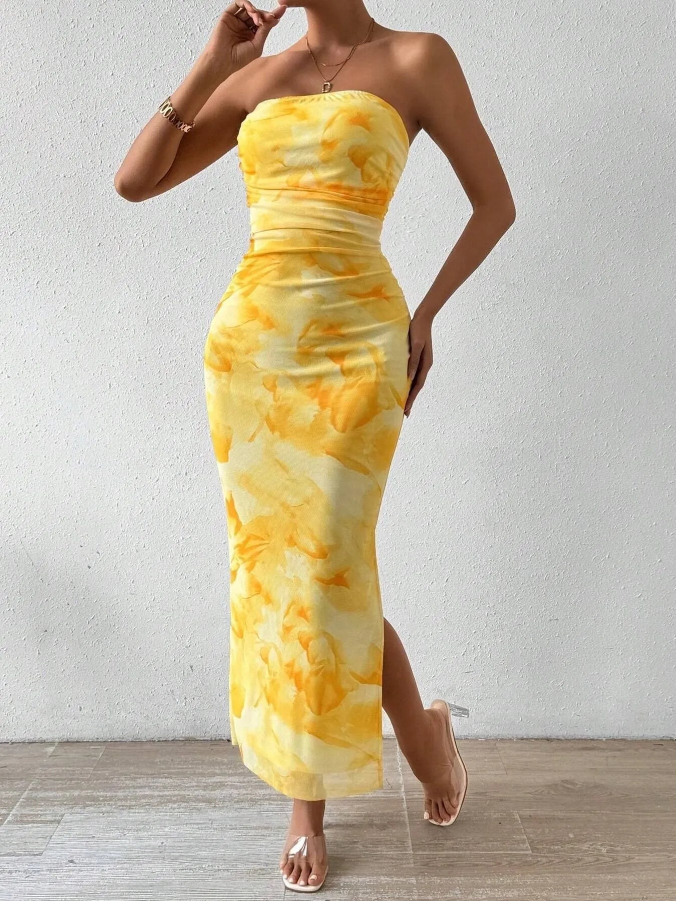 Printed Side Slit Tube Dress.