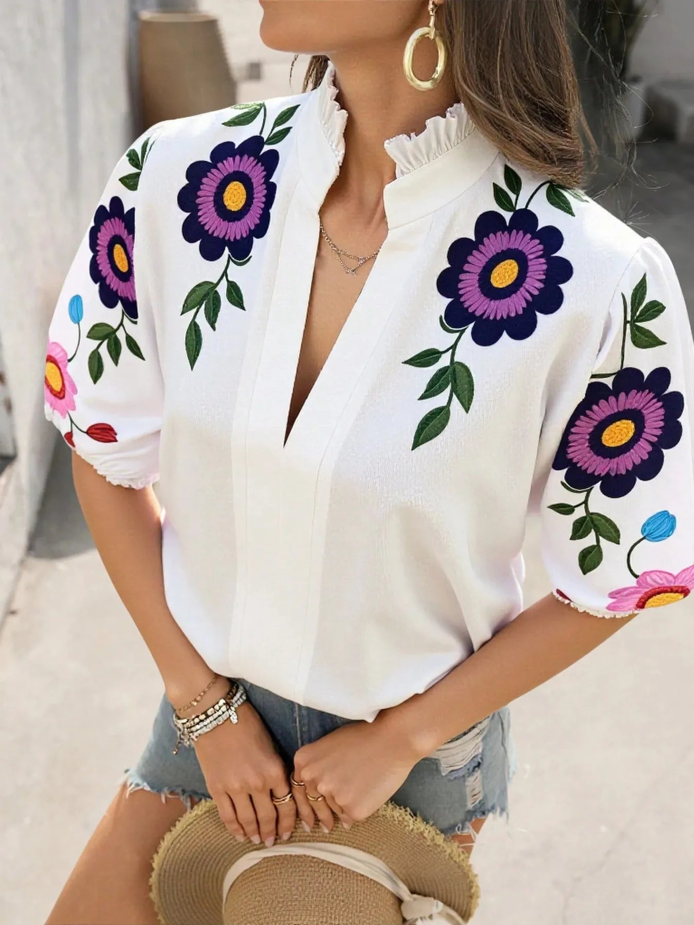 Floral Print Notched Puff Sleeve Blouse.