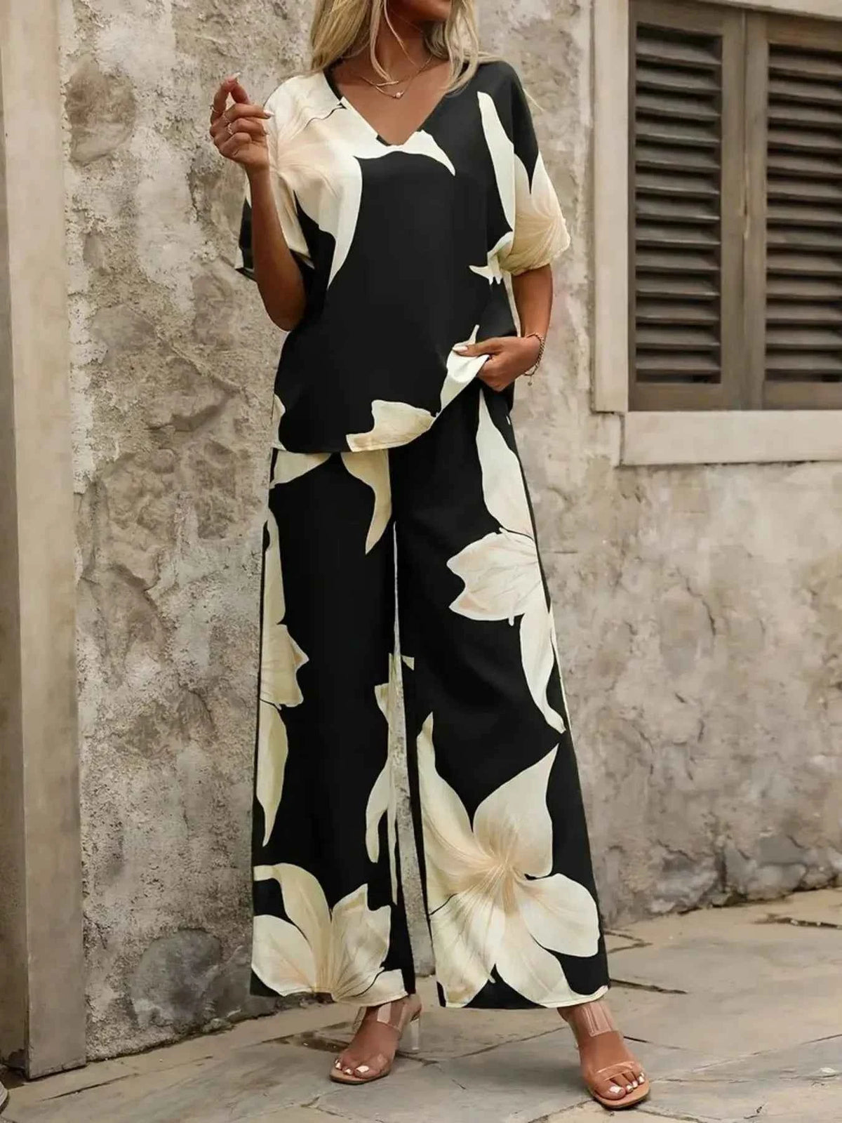 Printed V-Neck Top and Pants Set.