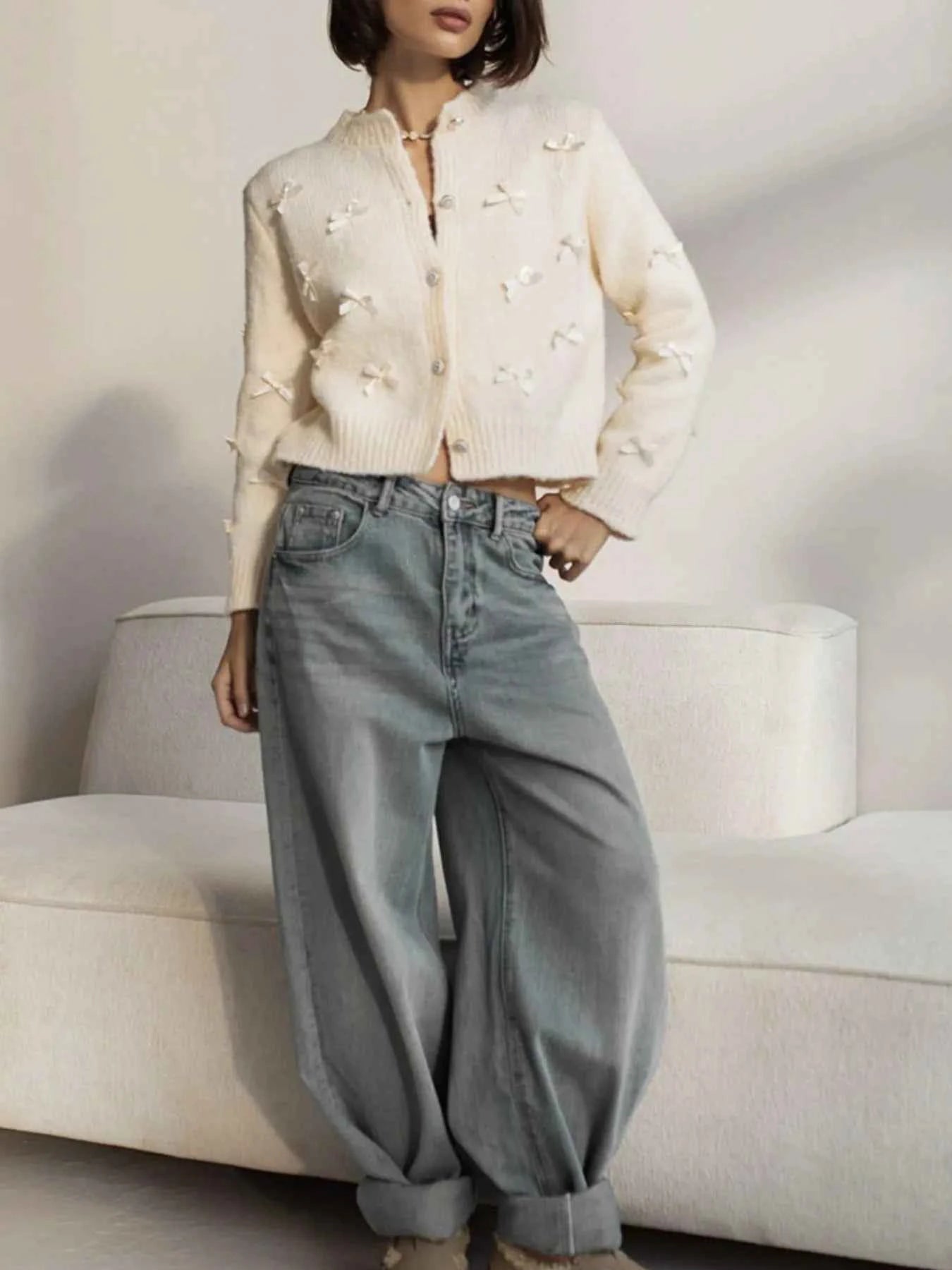 Bow Button Up Long Sleeve Cardigan.