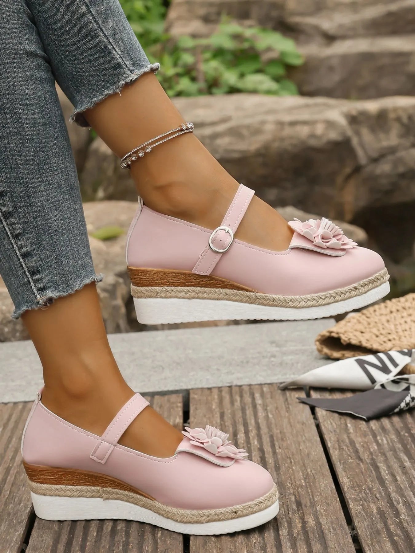 Flower Embellished Mary Jane Loafers.