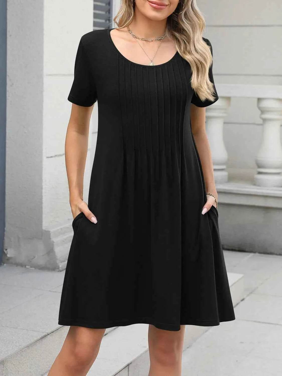 Pleated Front Round Neck Swing Dress.