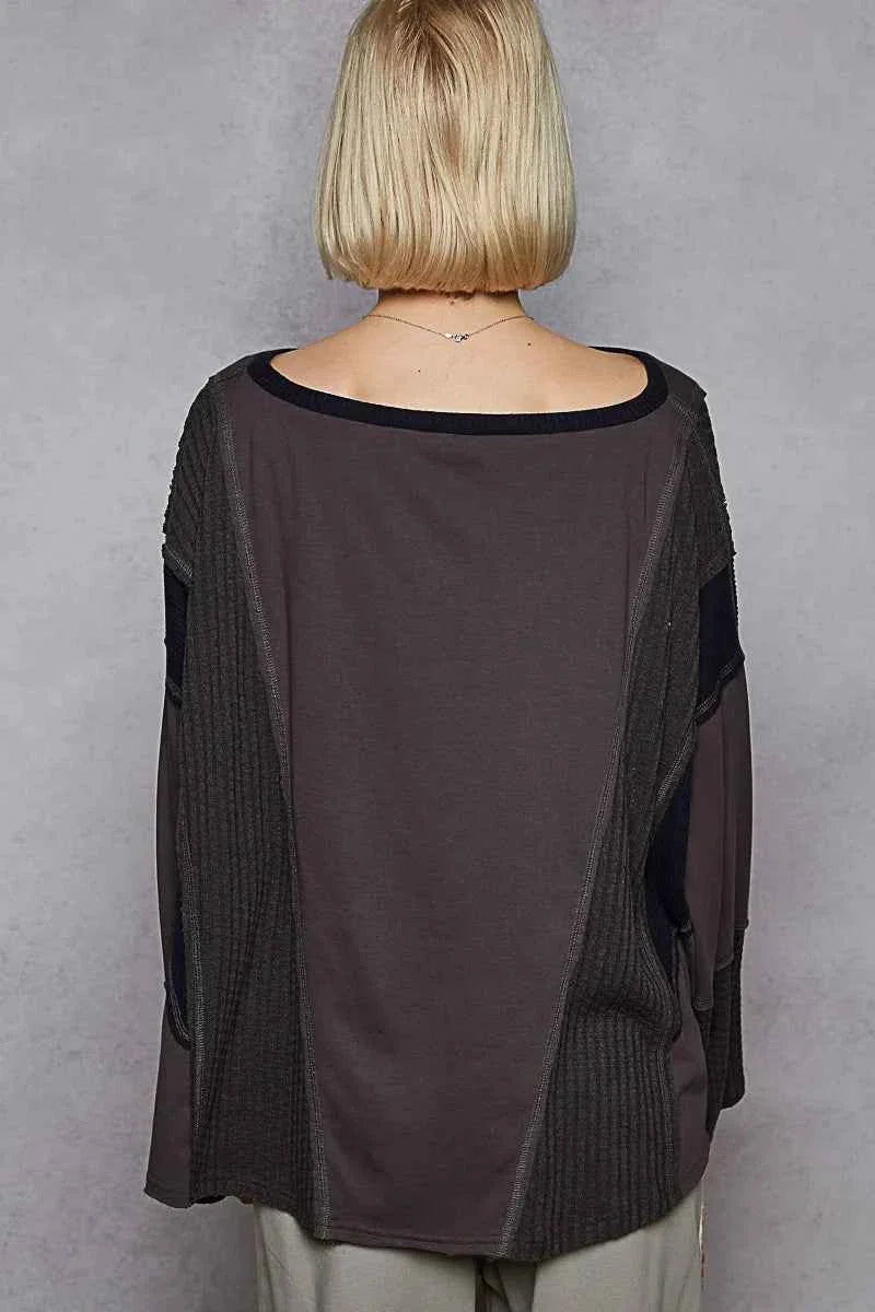 POL Contrast Round Neck Long Sleeve T-Shirt.