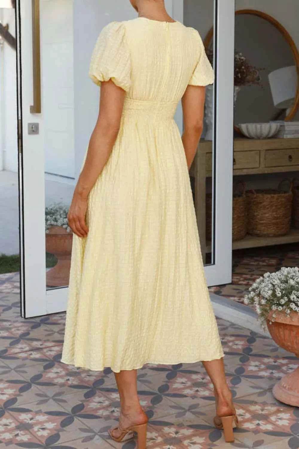 V-Neck Puff Short Sleeve Midi Dress.