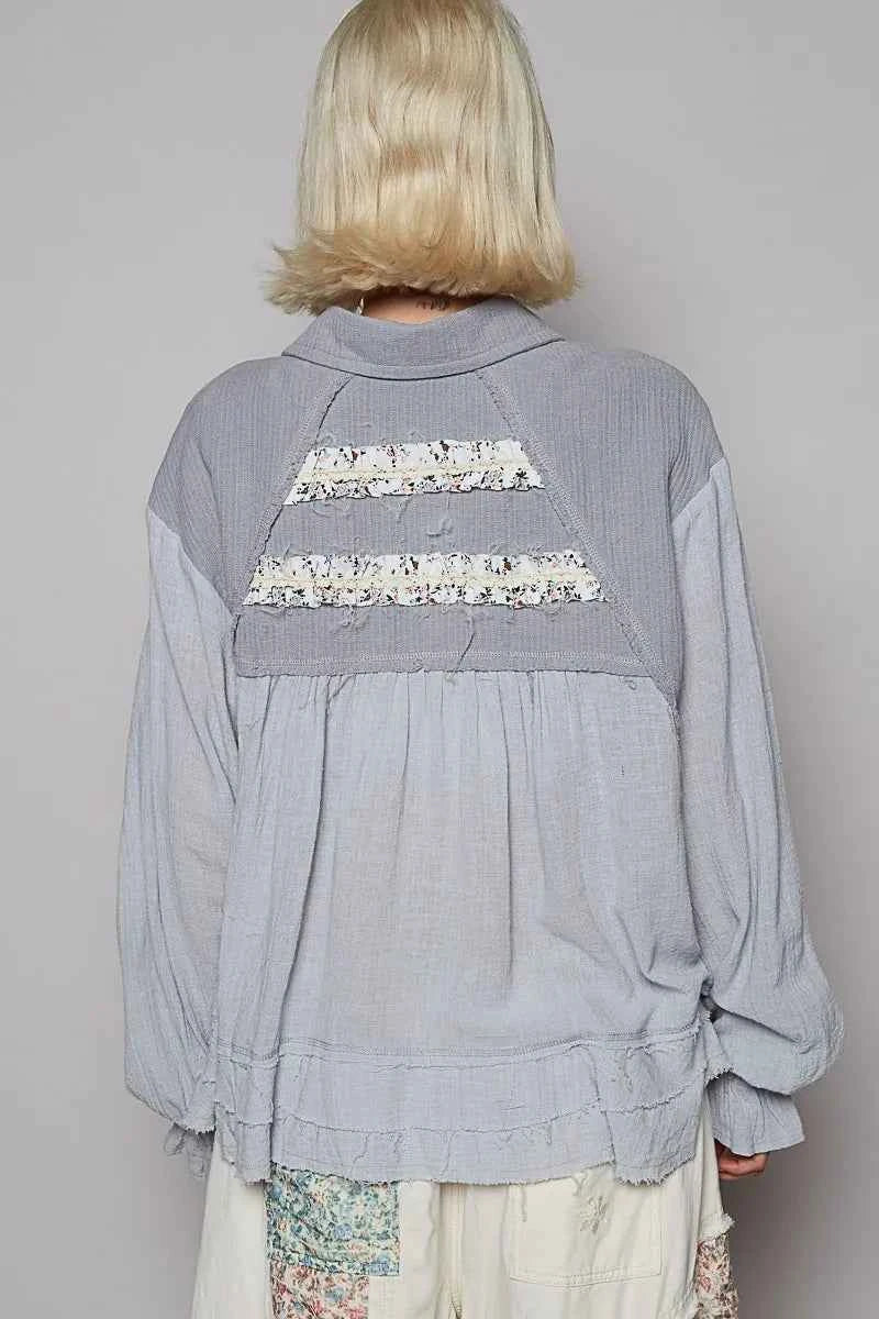 Floral Trim Ruffle Washed Shacket.