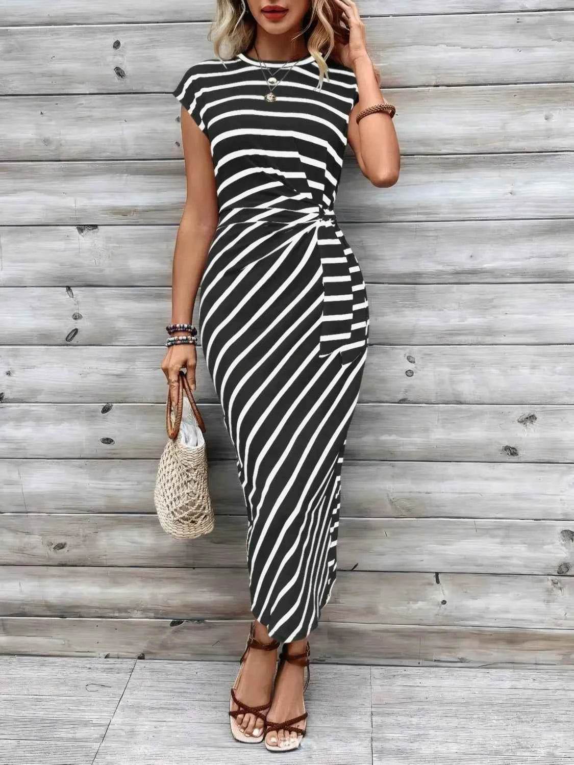 Striped Round Neck Cap Sleeve Midi Dress.