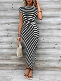 Striped Round Neck Cap Sleeve Midi Dress.