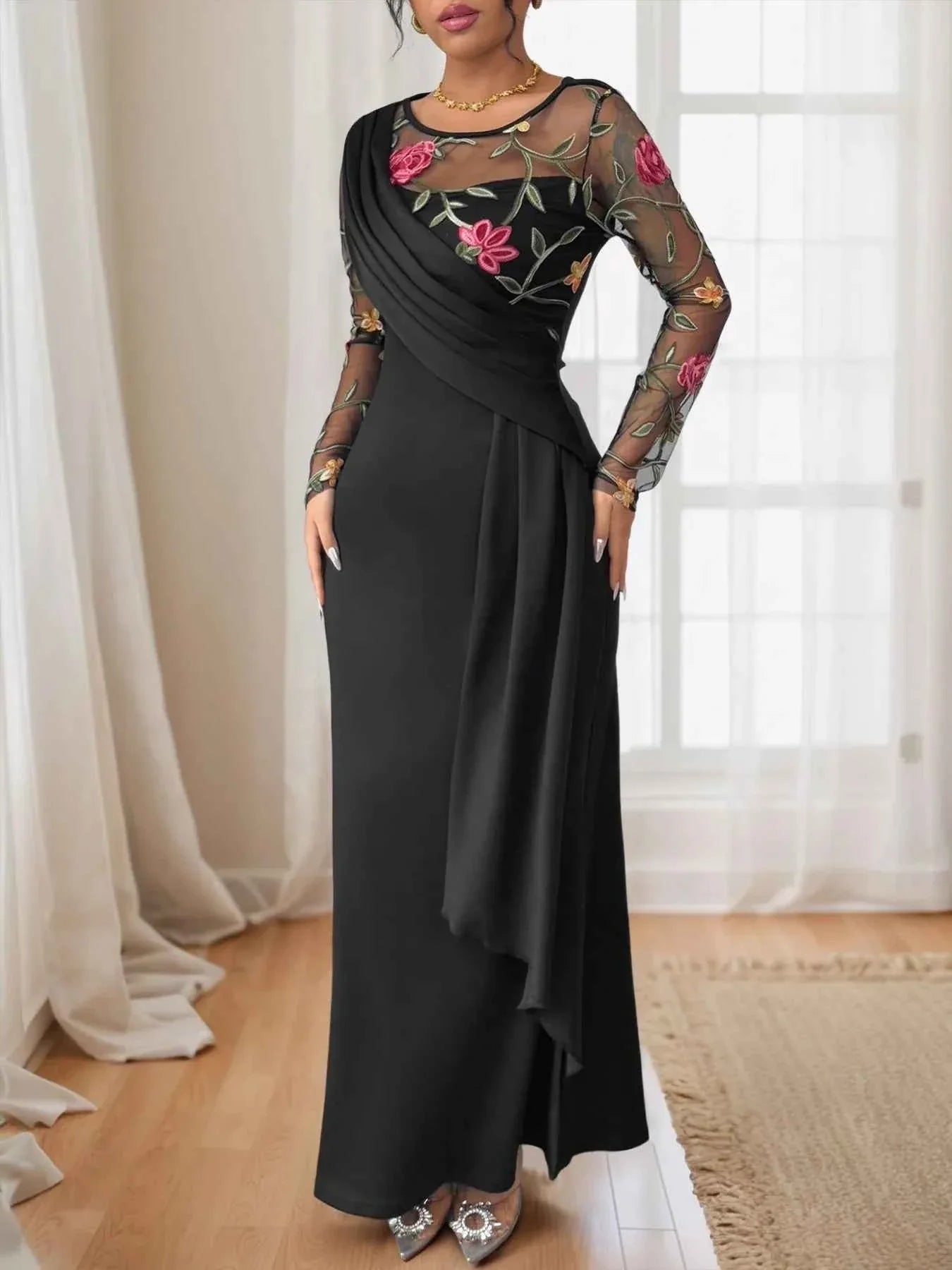 Floral Mesh Sleeve Ruched Maxi Dress.