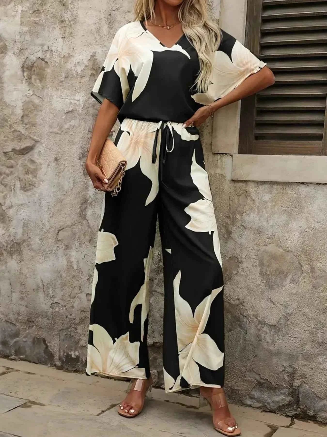 Printed V-Neck Top and Pants Set.