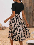 Printed Round Neck Short Sleeve Midi Dress.