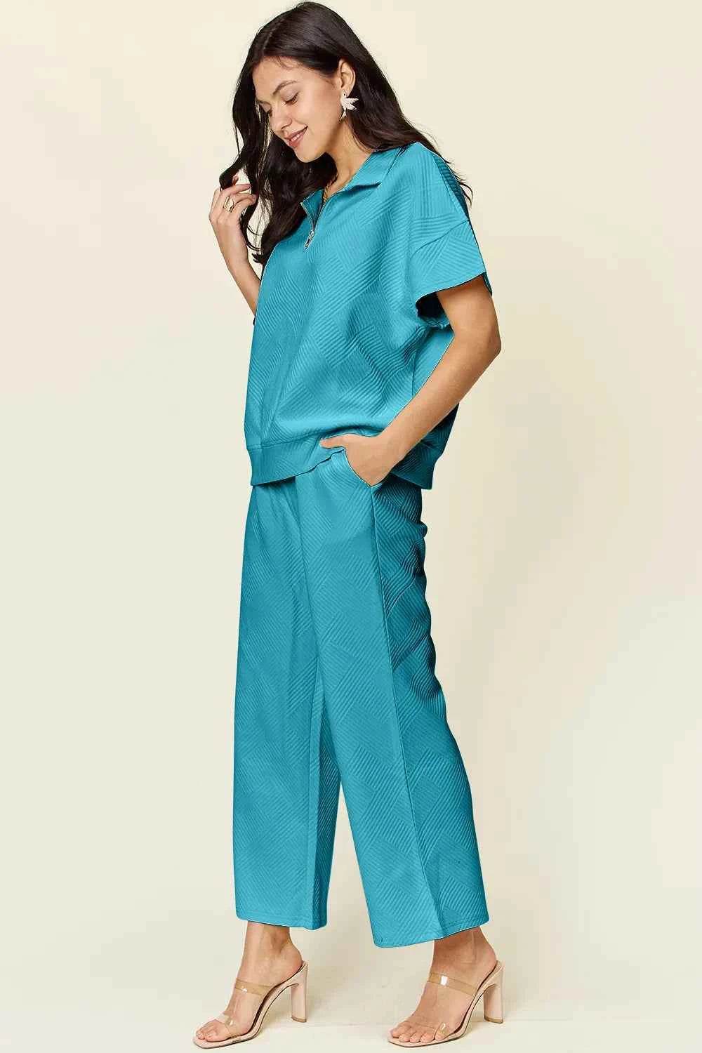Double Take Texture Set: Full Size Half Zip Top & Pants Set - EBYNN