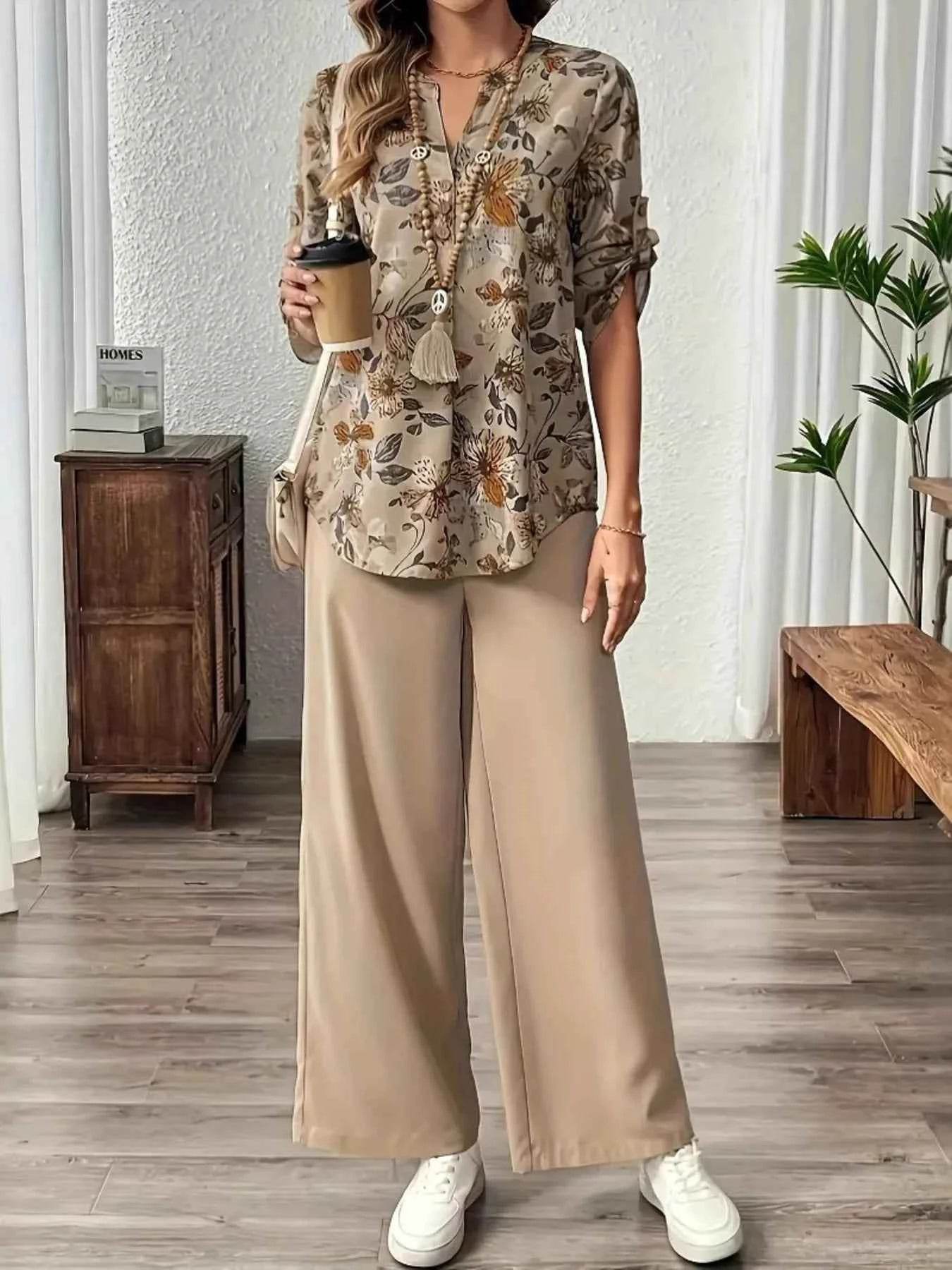 Printed Notched Long Sleeve Top and Pants Set - EBYNN