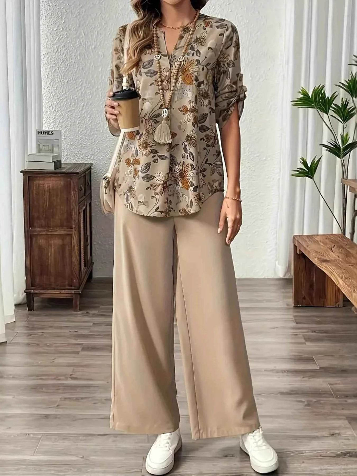 Printed Notched Long Sleeve Top and Pants Set - EBYNN