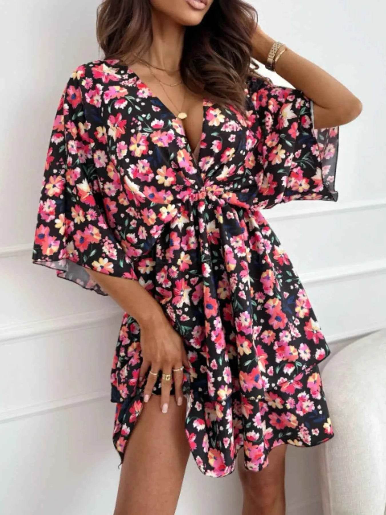 Floral Print V-Neck Ruffle Mini Dress.