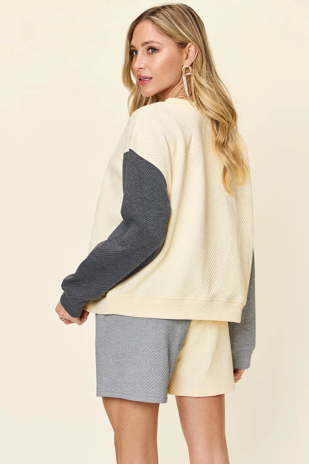 Double Take Contrast Drop Shoulder Set - Full Size Top & Shorts Combo - EBYNN