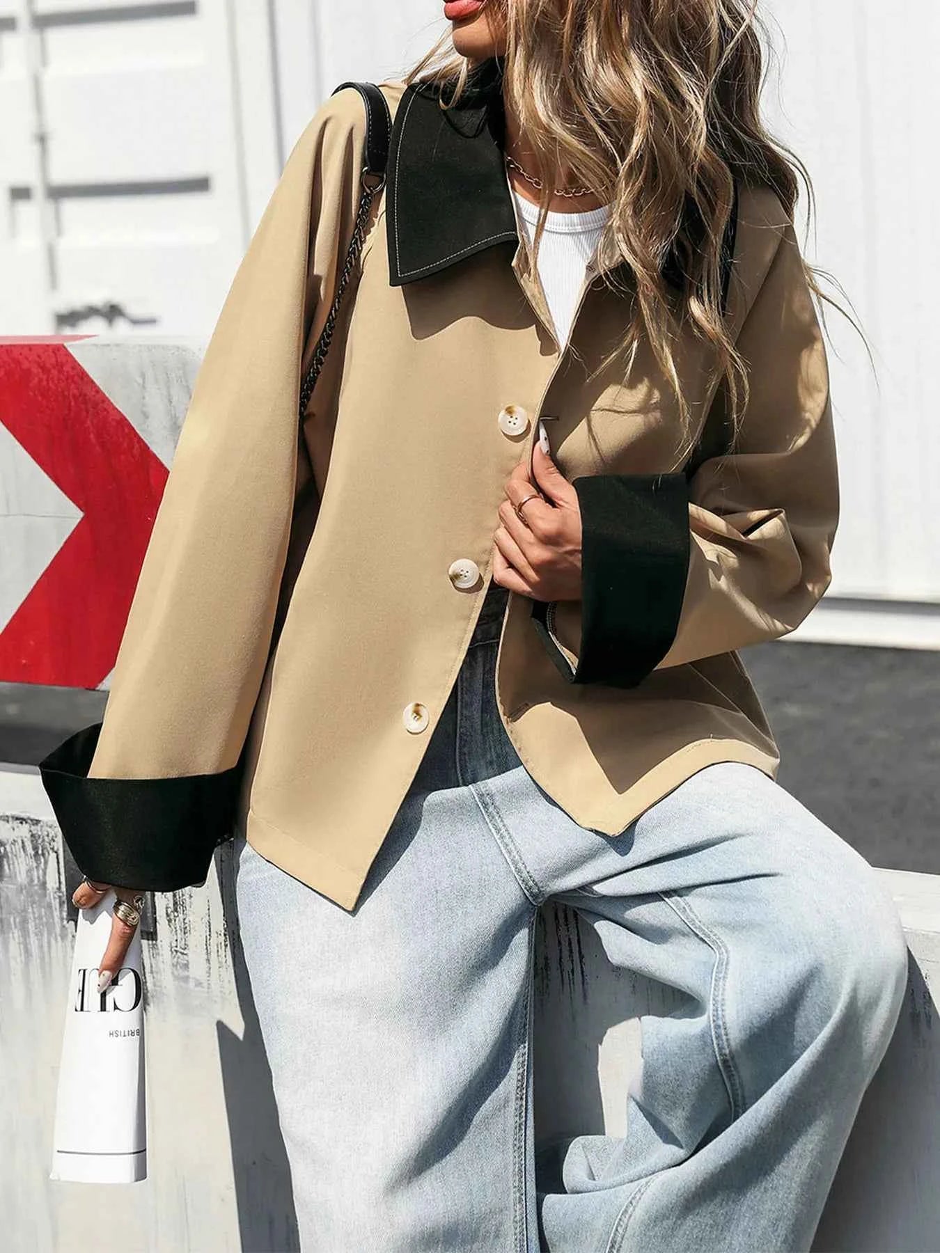 Color Block Button-Up Casual Jacket.