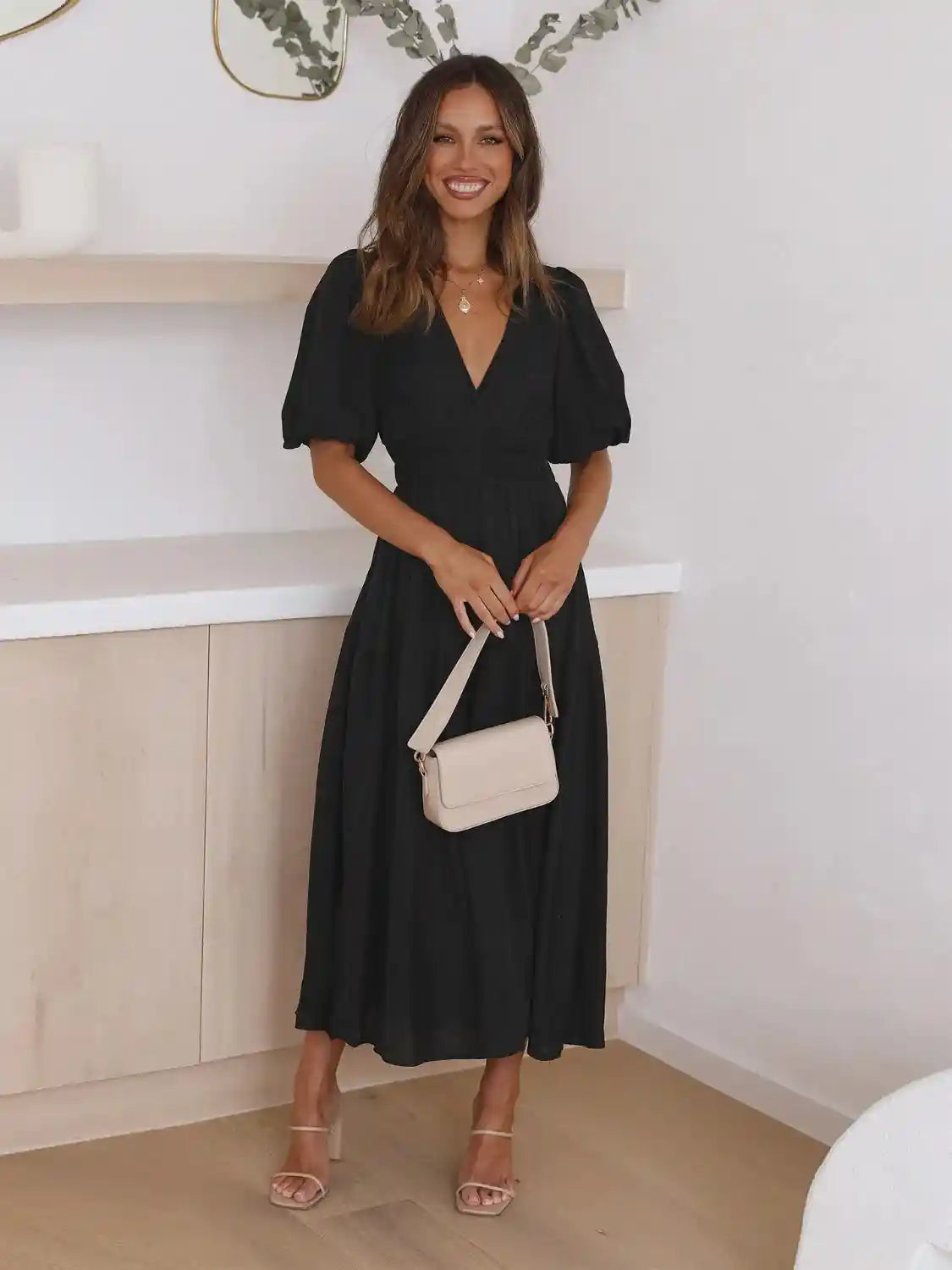 Tiered Surplice Half Sleeve Midi Dress.