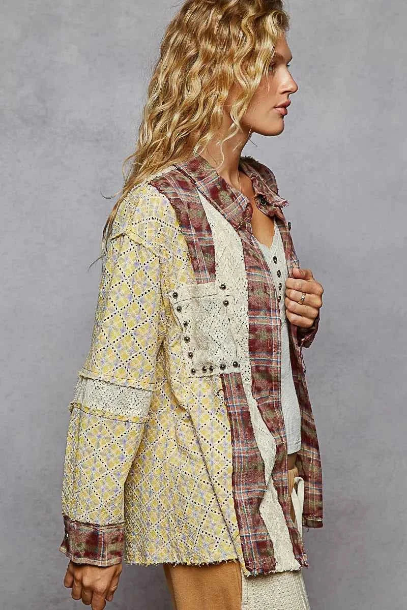 POL Studded Contrast Plaid Long Sleeve Shirt.