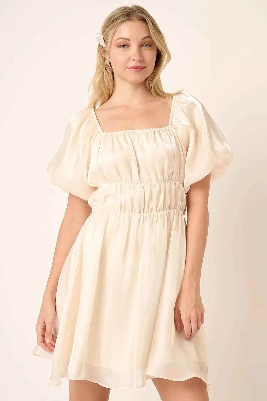 Metallic Organza Balloon Sleeve Mini Dress.