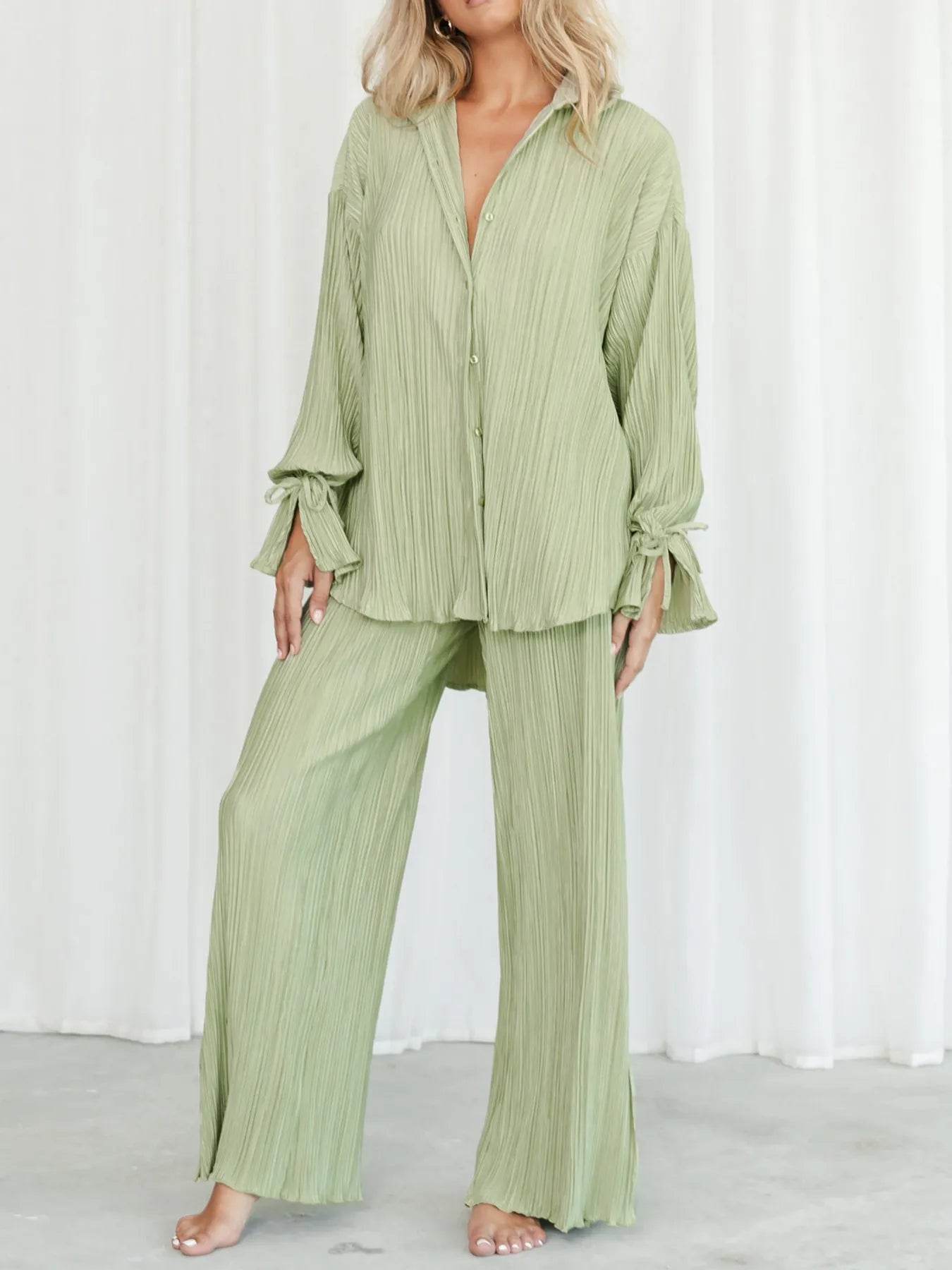 Button Up Long Sleeve Set with Pants - Stylish and Comfortable Outfit - EBYNN