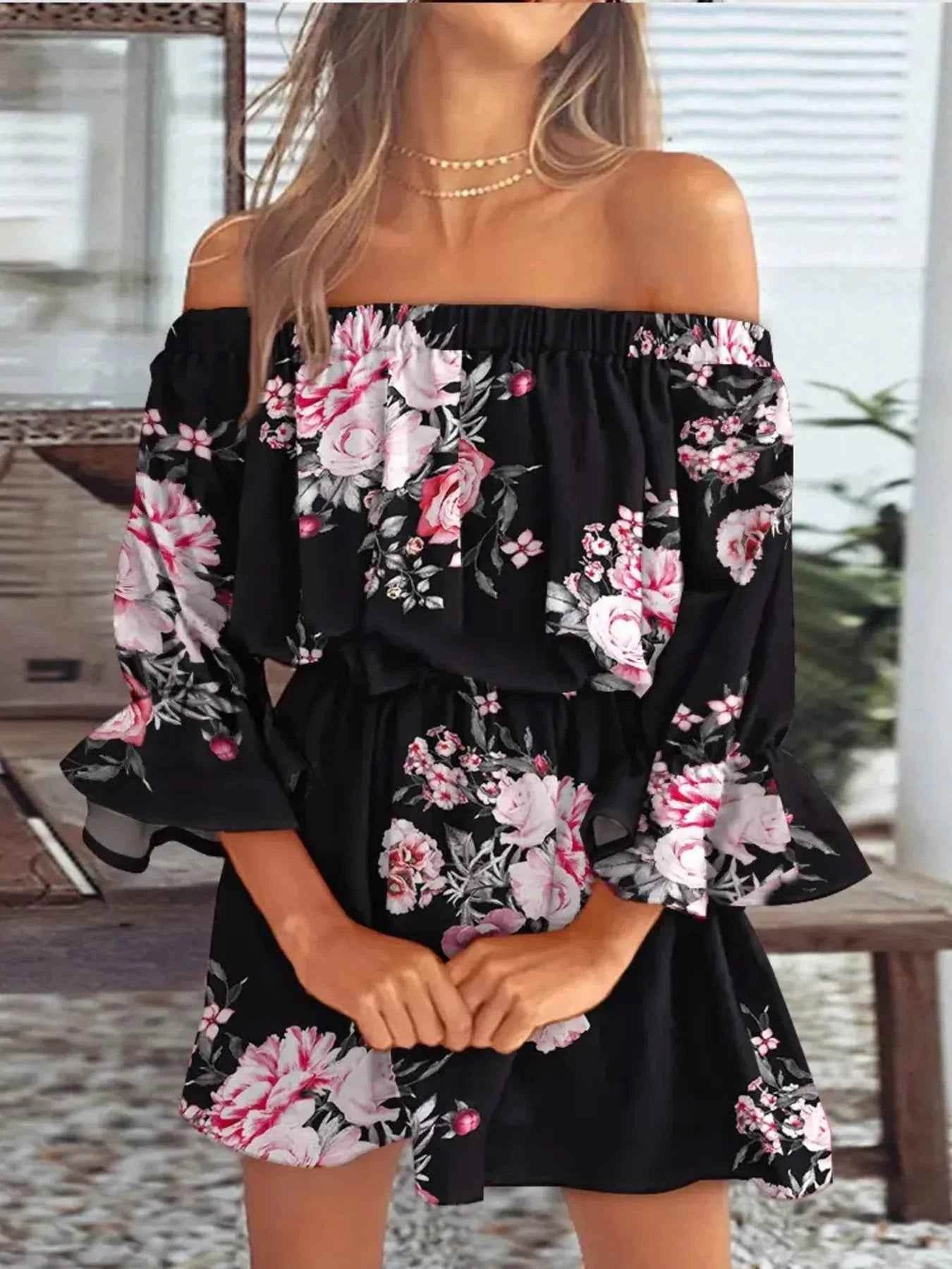 Floral Off-Shoulder Flounce Sleeve Mini Dress Plus Size.