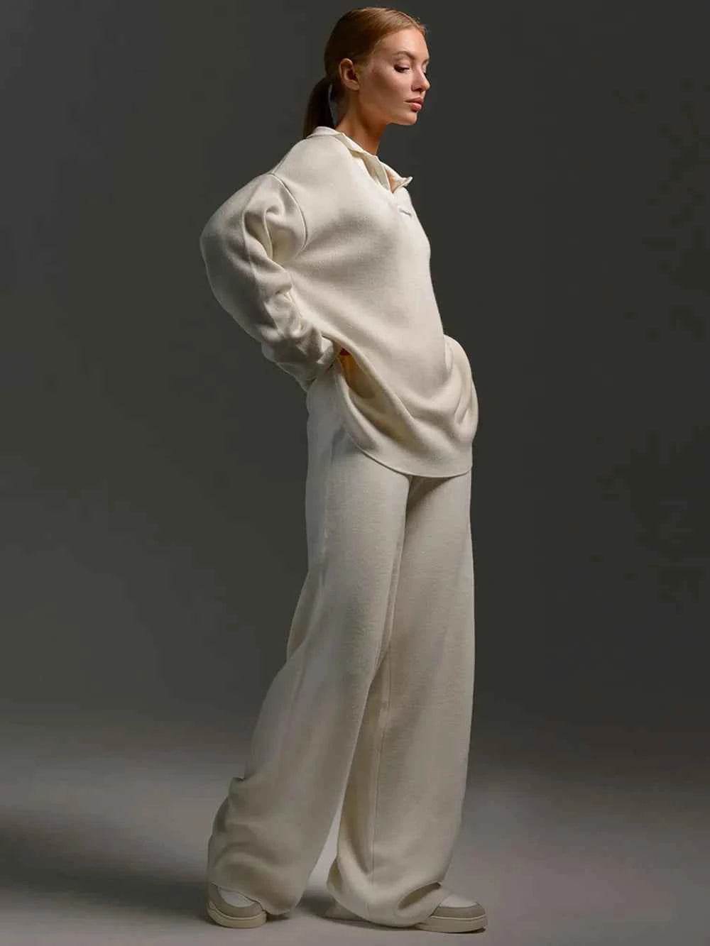 Johnny Collar Long Sleeve Top and Pants Sweater Set - EBYNN