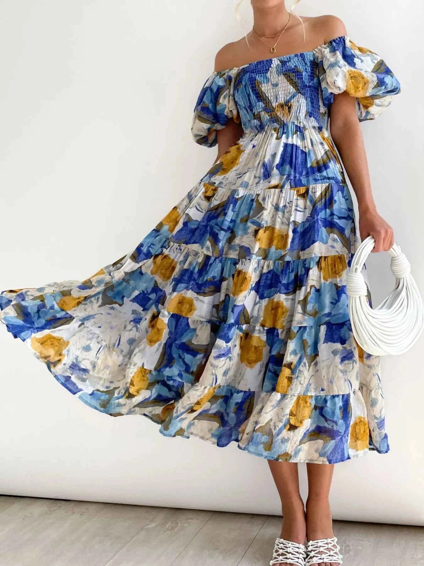 Floral Smocked Puff Sleeve Tiered Dress.