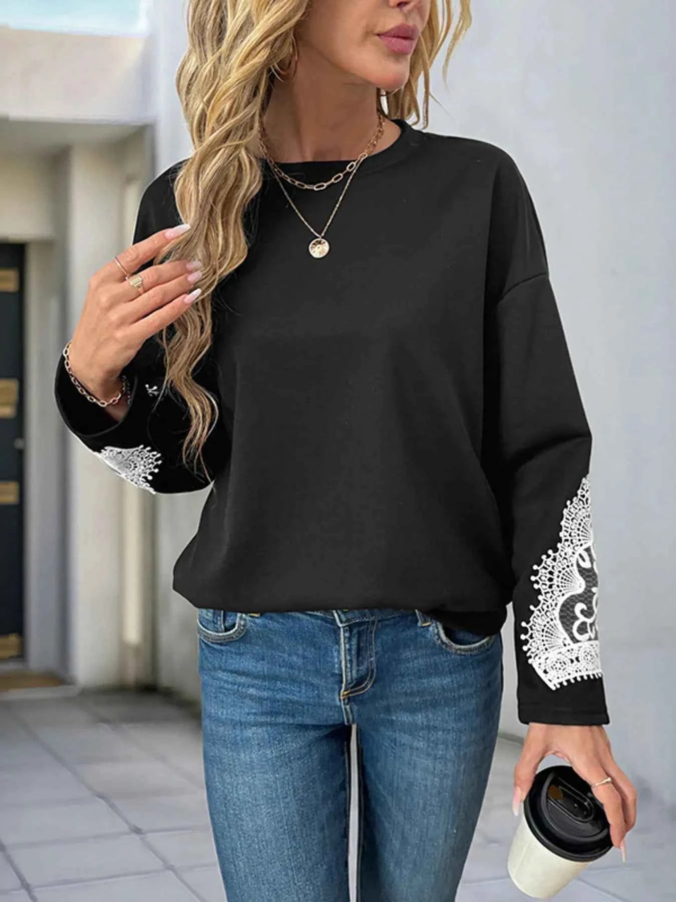 Lace Detail Long Sleeve Stretch Sweatshirt.