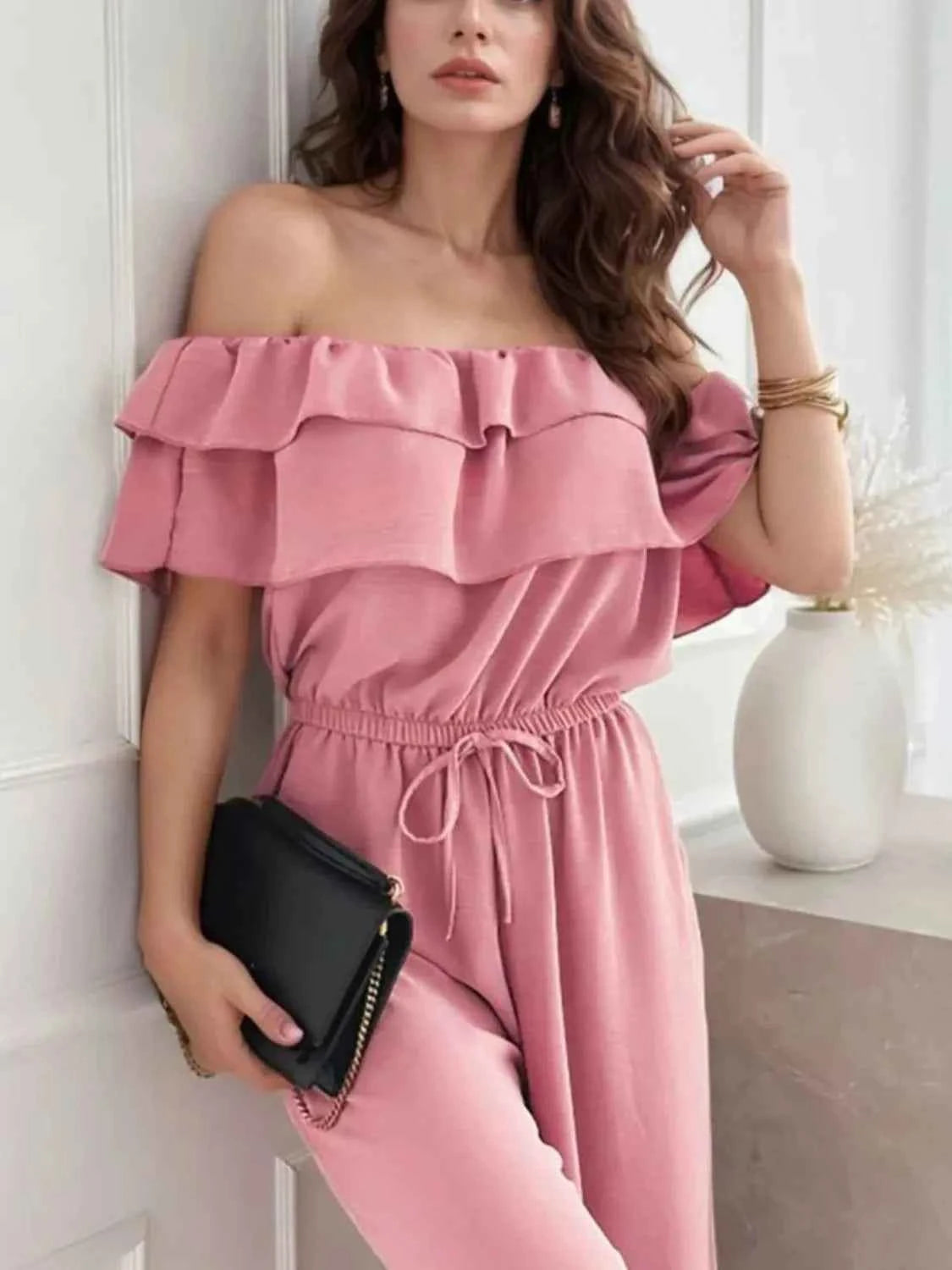 Off-Shoulder Ruffled Wide Leg Jumpsuit.