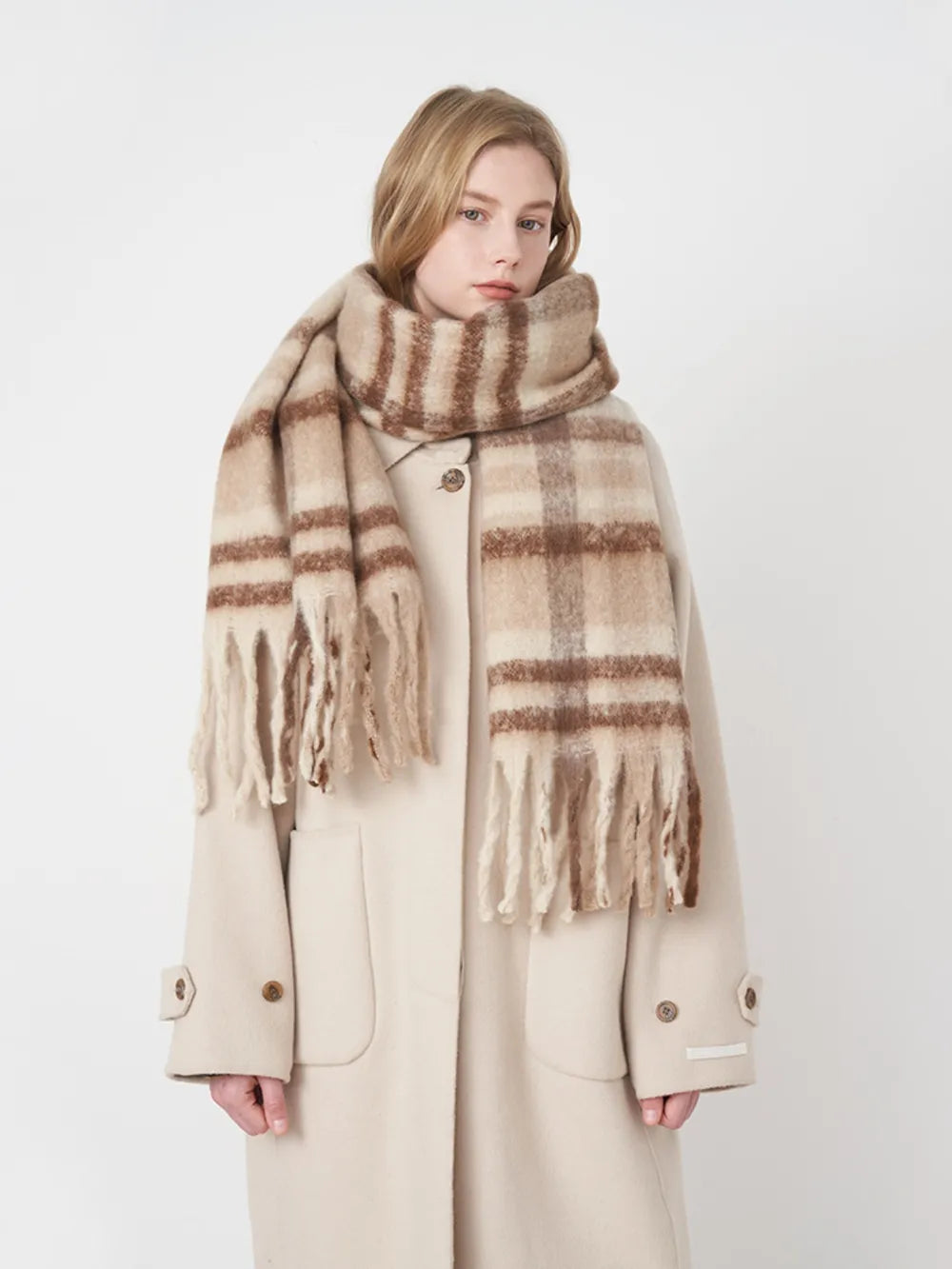 Fringe Plaid Polyester Scarf.