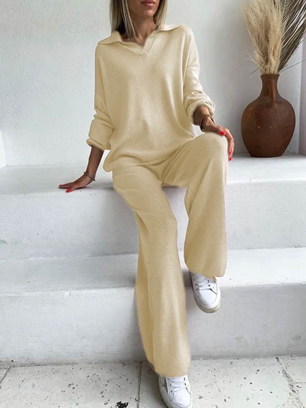 Johnny Collar Long Sleeve Top and Pants Sweater Set - EBYNN