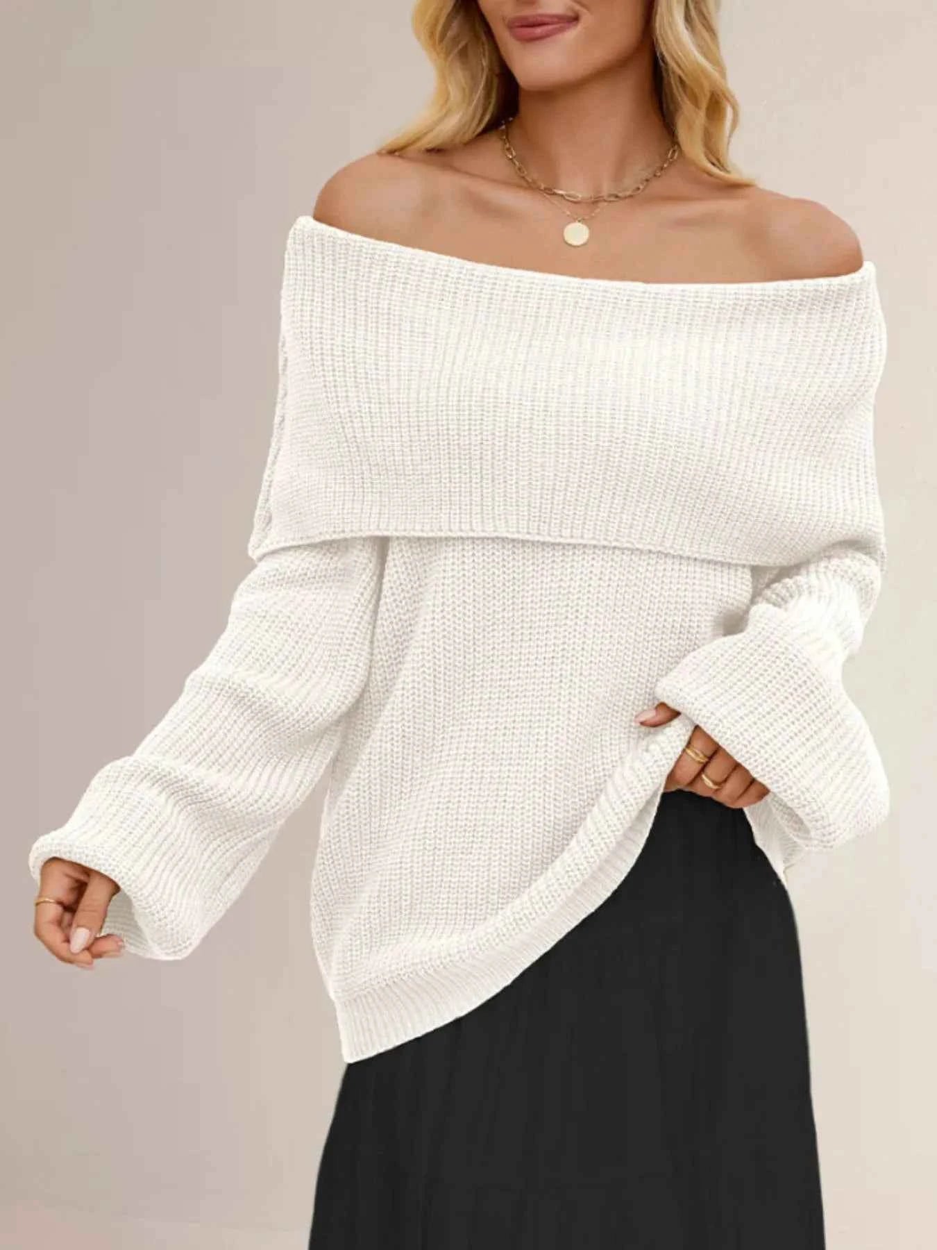 Fold-Over Collar Long Sleeve Sweater.
