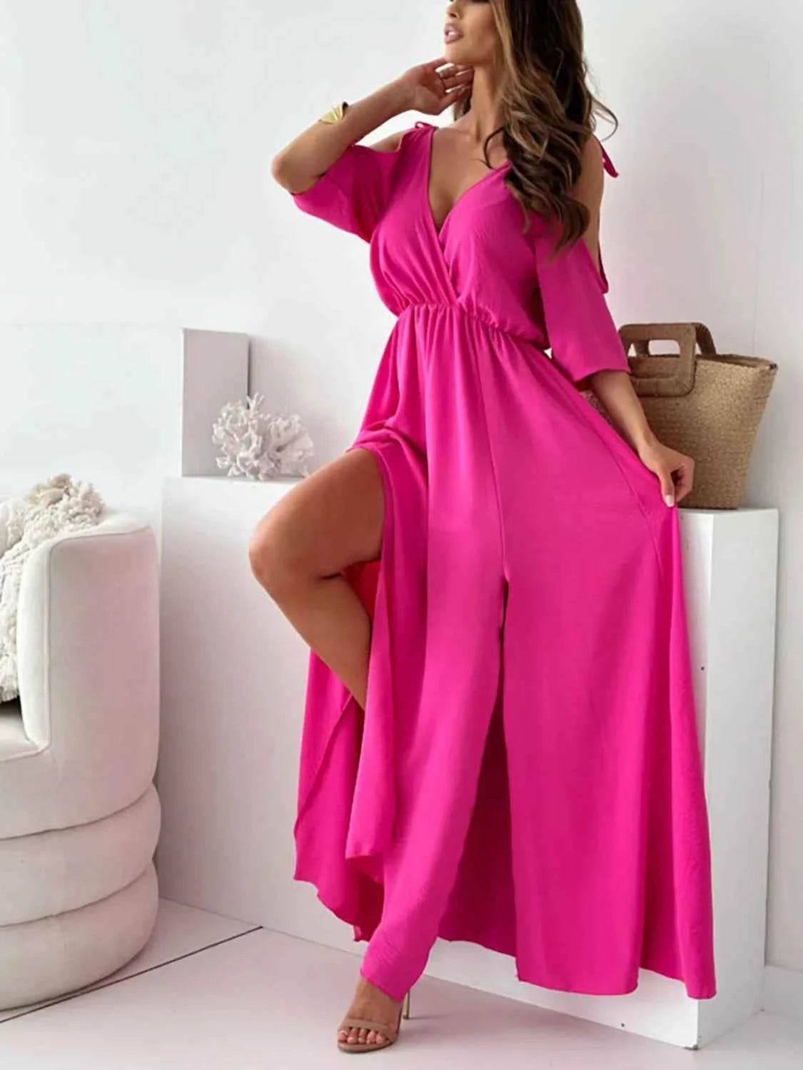 Tied Shoulder Slit Maxi Dress.