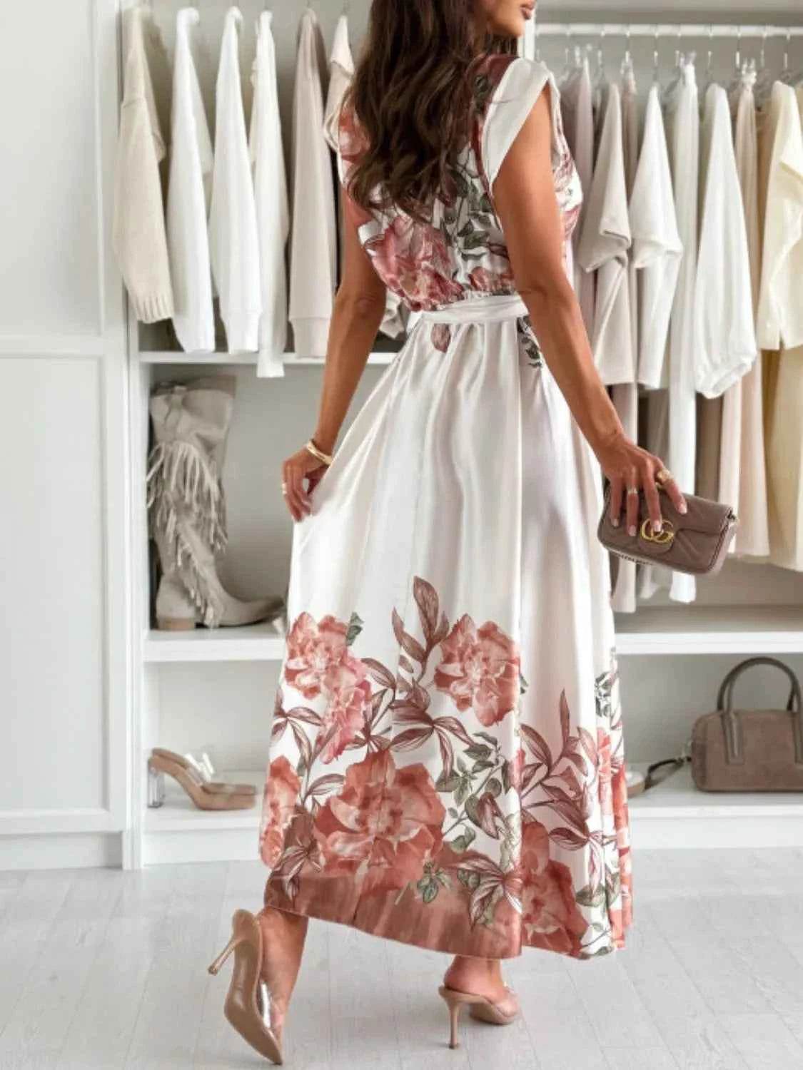 Floral Tie Waist Cap Sleeve Dress.