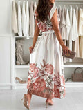 Floral Tie Waist Cap Sleeve Dress.
